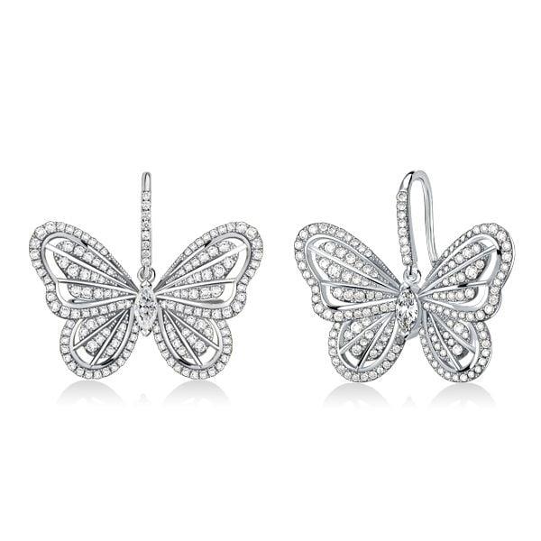 Sterling Silver Butterfly Drop Earrings with White Sapphire Accents for Women