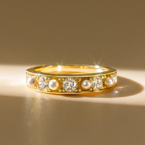 Round Cut White Sapphire Pearl Wedding Band in 18K Gold Plated Sterling Silver