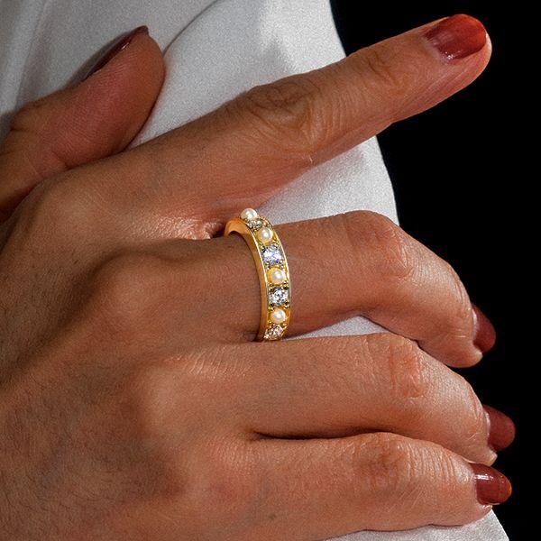 Round Cut White Sapphire Pearl Wedding Band in 18K Gold Plated Sterling Silver