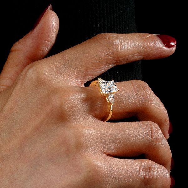 Radiant Cut Three Stone Engagement Ring - 18K Gold Plated Sterling Silver