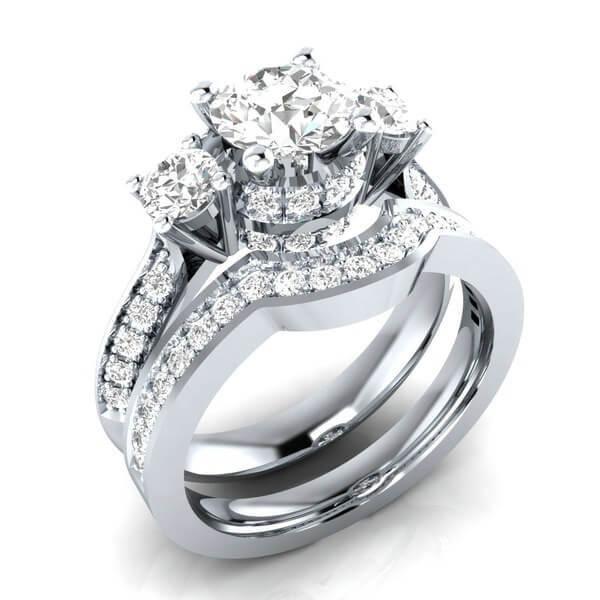 White Sapphire Three Stone Bridal Set in Sterling Silver - Perfect for Women