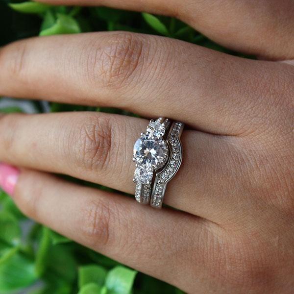 White Sapphire Three Stone Bridal Set in Sterling Silver - Perfect for Women