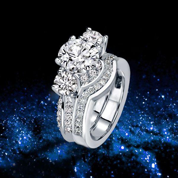 White Sapphire Three Stone Bridal Set in Sterling Silver - Perfect for Women