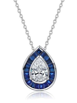 Pear Cut Blue Sapphire Halo Pendant Necklace - 925 Sterling Silver