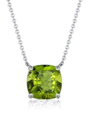 Cushion Cut Peridot Solitaire Pendant Necklace - Sterling Silver (Various Lengths & Finishes)