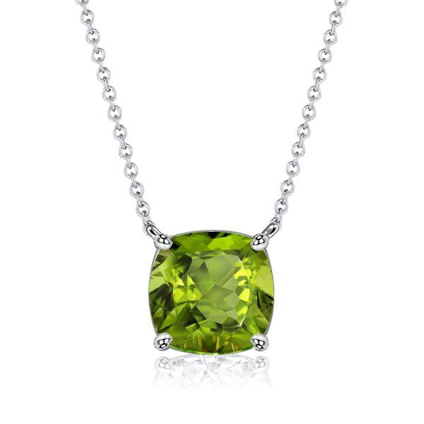 Cushion Cut Peridot Solitaire Pendant Necklace - Sterling Silver (Various Lengths & Finishes)