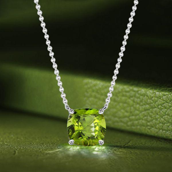 Cushion Cut Peridot Solitaire Pendant Necklace - Sterling Silver (Various Lengths & Finishes)