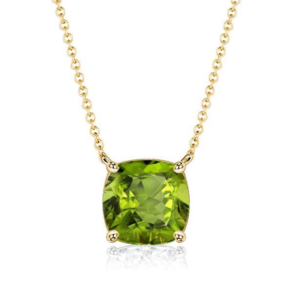 Cushion Cut Peridot Solitaire Pendant Necklace - Sterling Silver (Various Lengths & Finishes)