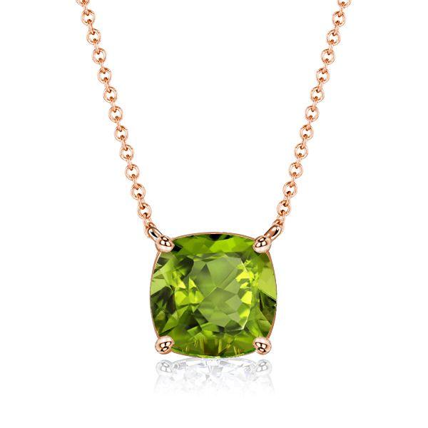 Cushion Cut Peridot Solitaire Pendant Necklace - Sterling Silver (Various Lengths & Finishes)