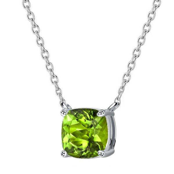 Cushion Cut Peridot Solitaire Pendant Necklace - Sterling Silver (Various Lengths & Finishes)