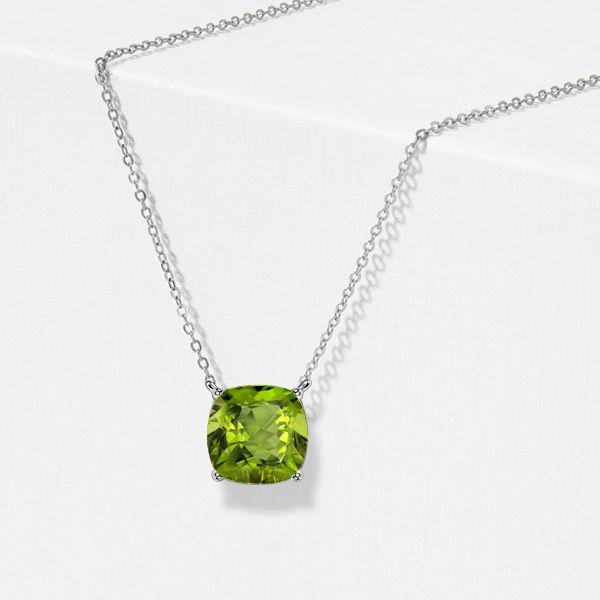 Cushion Cut Peridot Solitaire Pendant Necklace - Sterling Silver (Various Lengths & Finishes)
