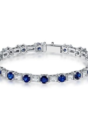 Emerald and Round Blue Sapphire Bracelet in 925 Sterling Silver