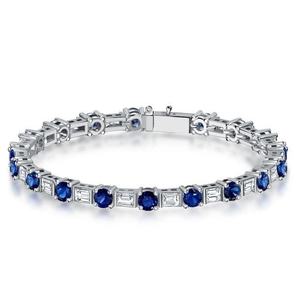 Emerald and Round Blue Sapphire Bracelet in 925 Sterling Silver
