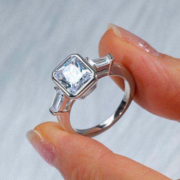 Three Stone White Sapphire Engagement Ring - Bezel Set Sterling Silver