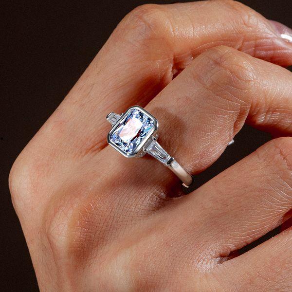 Three Stone White Sapphire Engagement Ring - Bezel Set Sterling Silver