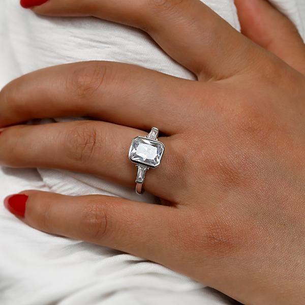Three Stone White Sapphire Engagement Ring - Bezel Set Sterling Silver