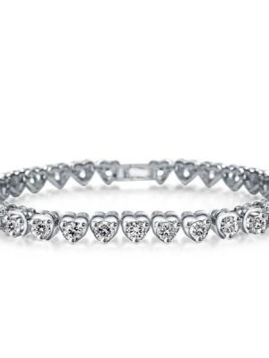 Silver Plated Tennis Bracelet with Sweet Heart Design and Rhodium Finish