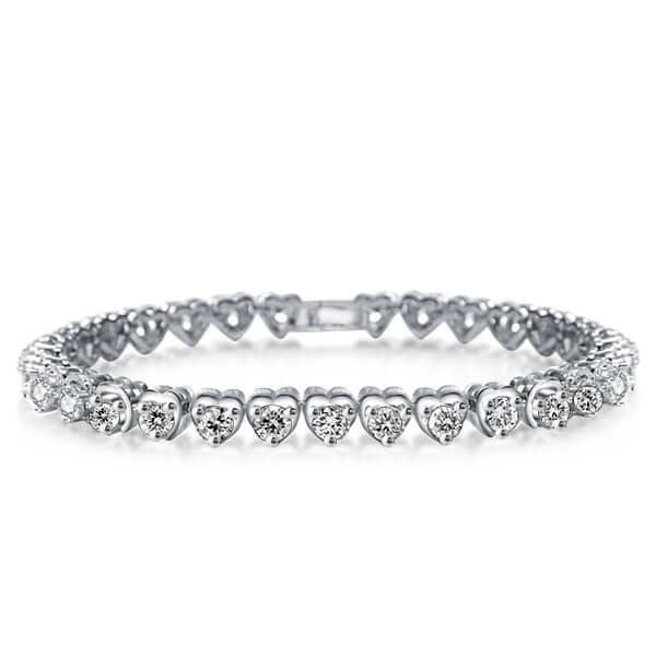Silver Plated Tennis Bracelet with Sweet Heart Design and Rhodium Finish