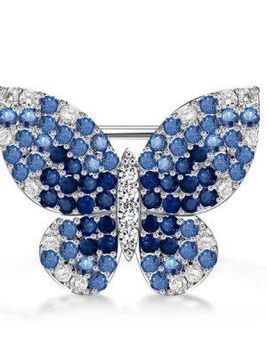 Dancing Butterfly Brooch with Blue Sapphire Pave Setting, Sterling Silver Pin