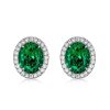 Oval Green Emerald Stud Earrings in Rhodium Plated Sterling Silver
