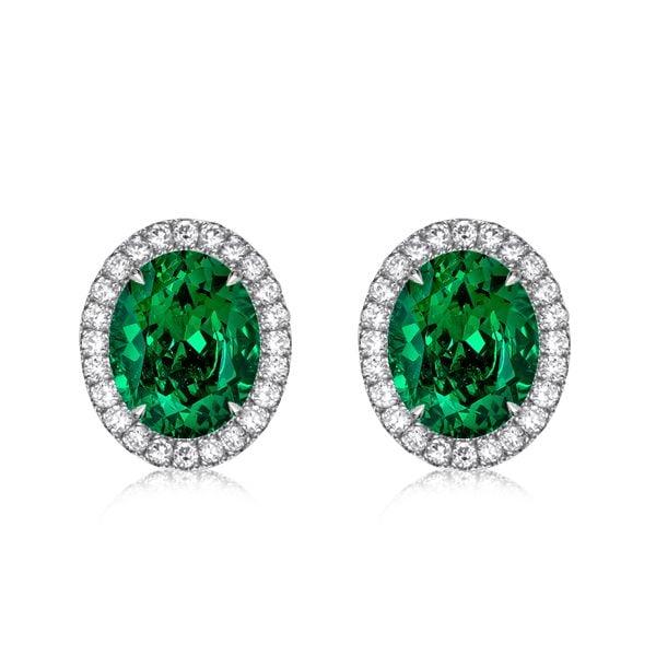 Oval Green Emerald Stud Earrings in Rhodium Plated Sterling Silver