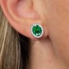 Oval Green Emerald Stud Earrings in Rhodium Plated Sterling Silver