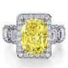 Fancy Yellow Halo Cushion Cut Engagement Ring in Rhodium-Plated Sterling Silver