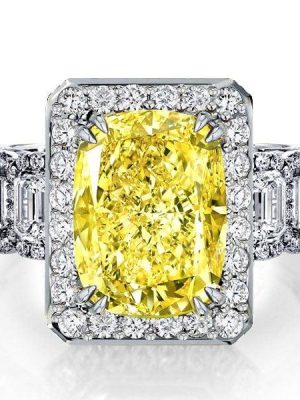 Fancy Yellow Halo Cushion Cut Engagement Ring in Rhodium-Plated Sterling Silver