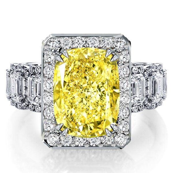 Fancy Yellow Halo Cushion Cut Engagement Ring in Rhodium-Plated Sterling Silver