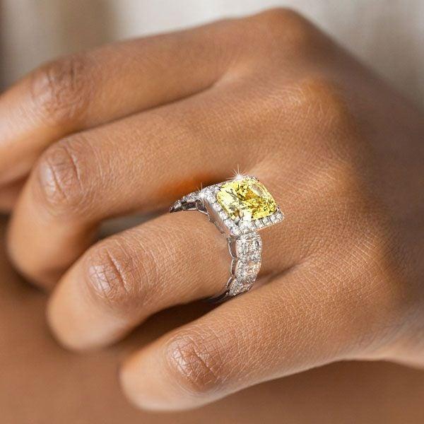 Fancy Yellow Halo Cushion Cut Engagement Ring in Rhodium-Plated Sterling Silver
