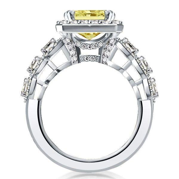 Fancy Yellow Halo Cushion Cut Engagement Ring in Rhodium-Plated Sterling Silver