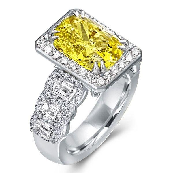 Fancy Yellow Halo Cushion Cut Engagement Ring in Rhodium-Plated Sterling Silver