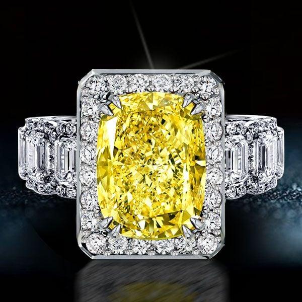 Fancy Yellow Halo Cushion Cut Engagement Ring in Rhodium-Plated Sterling Silver
