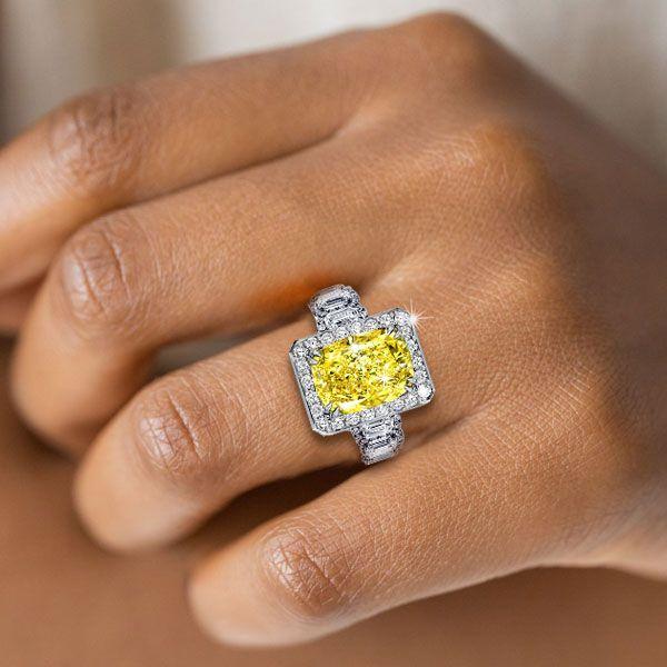 Fancy Yellow Halo Cushion Cut Engagement Ring in Rhodium-Plated Sterling Silver