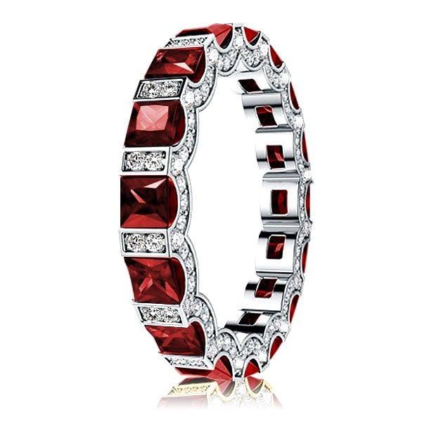 Princess Cut Garnet Eternity Wedding Band in Rhodium Plated Sterling Silver