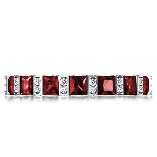 Princess Cut Garnet Eternity Wedding Band in Rhodium Plated Sterling Silver