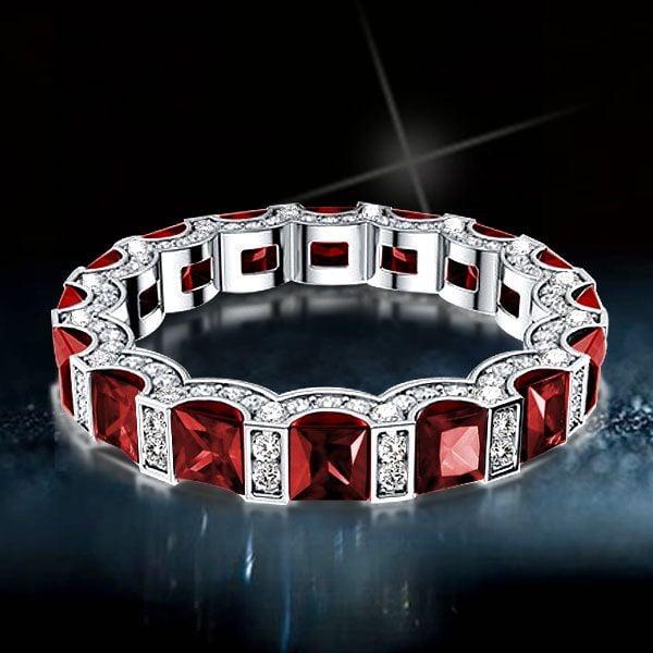 Princess Cut Garnet Eternity Wedding Band in Rhodium Plated Sterling Silver