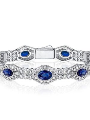 Art Deco Oval Blue Sapphire Bracelet Sterling Silver Wedding Jewelry