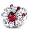 Garnet & White Sapphire Flower Halo Engagement Ring - Sterling Silver