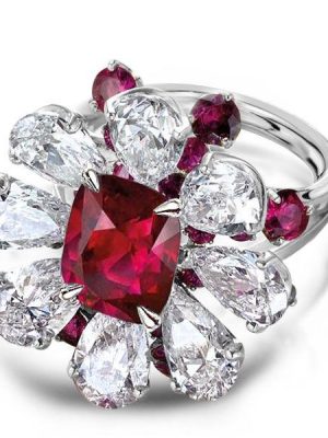Garnet & White Sapphire Flower Halo Engagement Ring - Sterling Silver