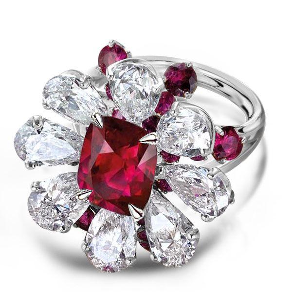 Garnet & White Sapphire Flower Halo Engagement Ring - Sterling Silver