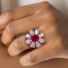 Garnet & White Sapphire Flower Halo Engagement Ring - Sterling Silver