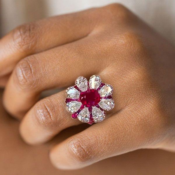 Garnet & White Sapphire Flower Halo Engagement Ring - Sterling Silver