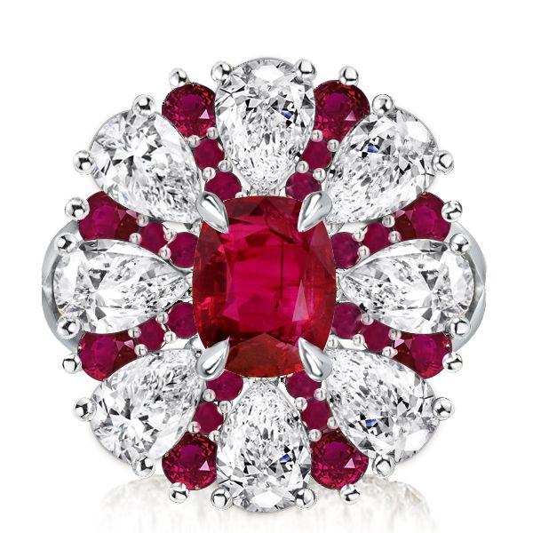 Garnet & White Sapphire Flower Halo Engagement Ring - Sterling Silver