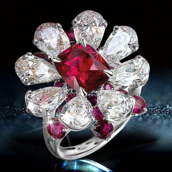 Garnet & White Sapphire Flower Halo Engagement Ring - Sterling Silver