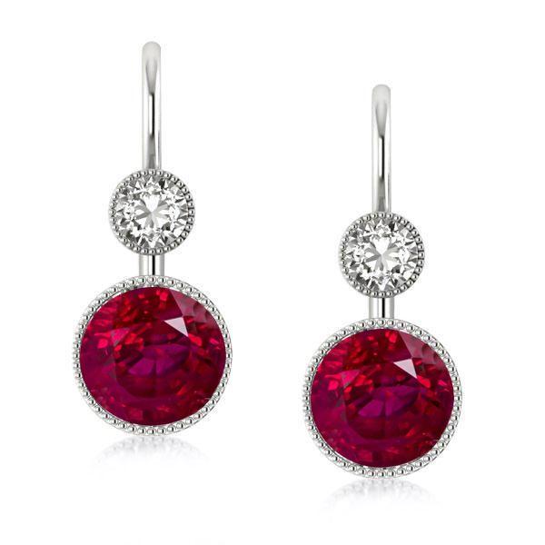 Ruby Drop Earrings in Sterling Silver with Milgrain Detail - 2.00 CT
