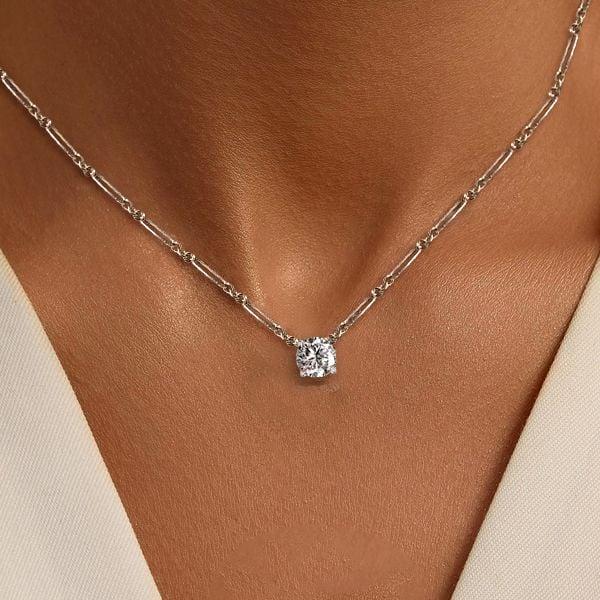 Round Cut White Sapphire Pendant Necklace in 925 Sterling Silver with Rhodium Finish