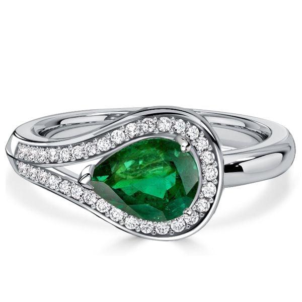 Pear Shaped Emerald & Sapphire Promise Ring in Sterling Silver with Rhodium Finish