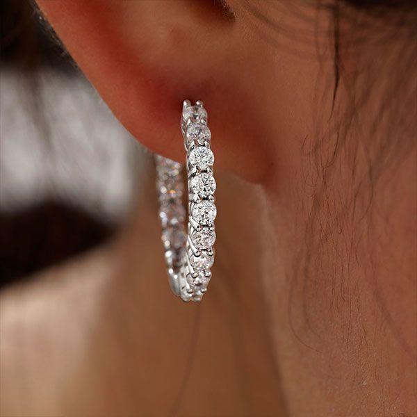 Sterling Silver Round Hoop Earrings for Women with Sparkling Stones
