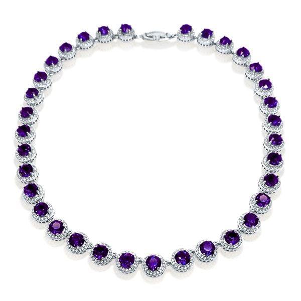 Eternity Halo Amethyst Tennis Necklace in Sterling Silver with Rhodium Finish